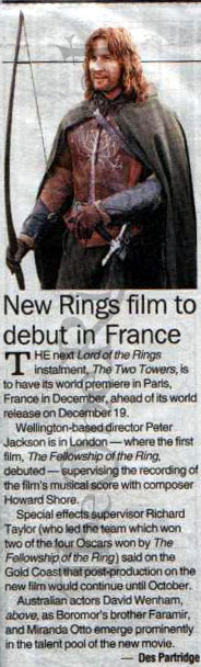 The Courier Mail: "New Rings Film to Debut in France" - 184x608, 42kB
